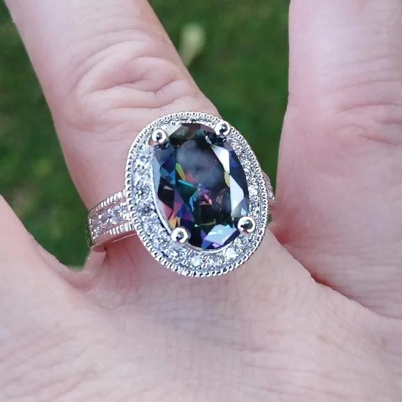 New Halo Oval Mystic Topaz & CZ 925 Silver Ring. - Picture 2 of 16